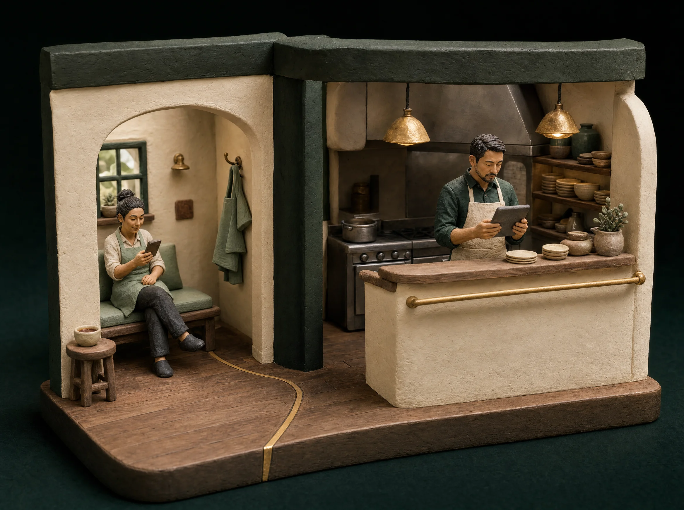 Clay restaurant scene with a team member using her phone in a quiet staff nook and a manager reviewing a tablet at the kitchen pass