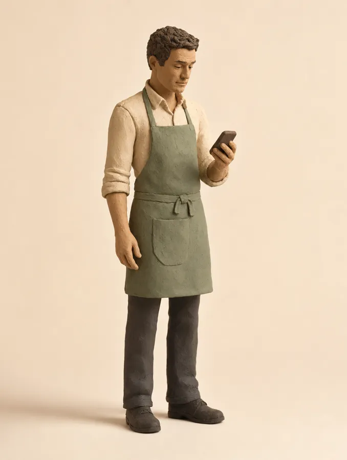 A small sculpted clay figure of a restaurant server in a sage apron looking at a phone.