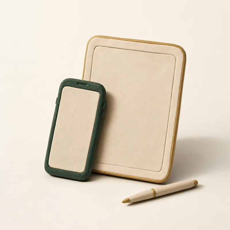 A small clay phone leaning against a clay tablet.