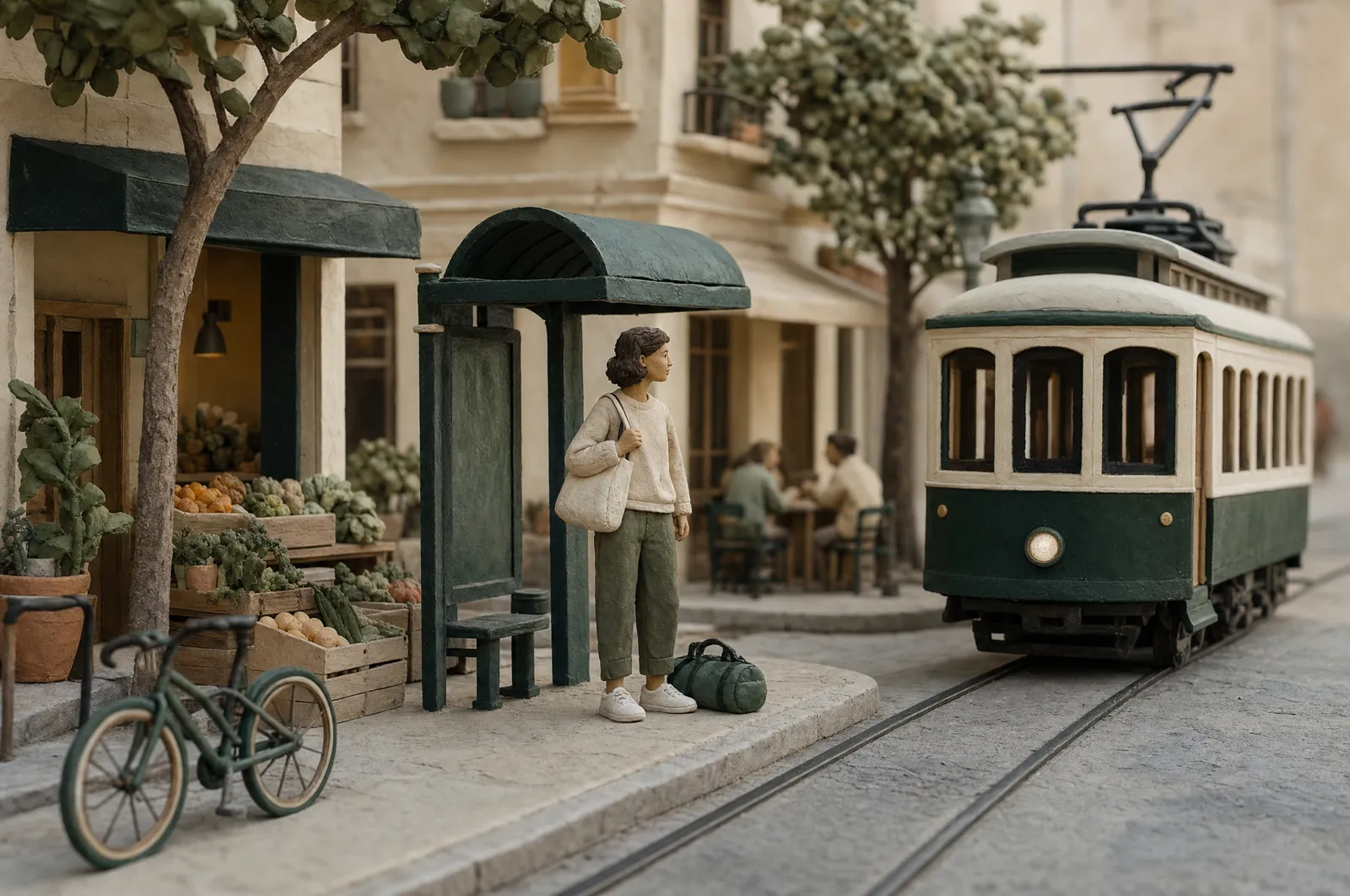 A clay figure of a hospitality worker waiting at a streetcar stop outside a restaurant in daylight, with a gym bag at their feet.