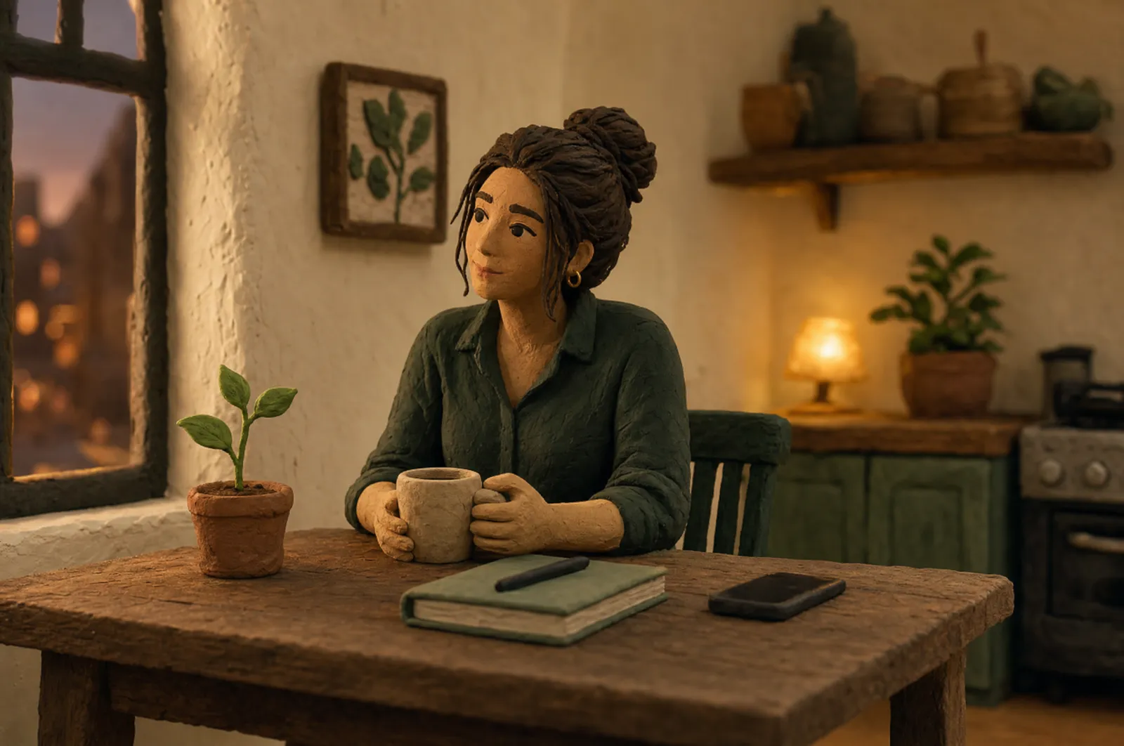 A clay figure of a hospitality worker at a small kitchen table with tea, a notebook and a young potted plant.